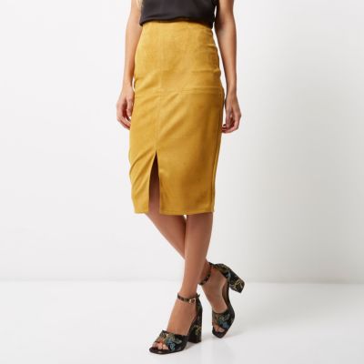 Dark yellow faux suede pencil skirt